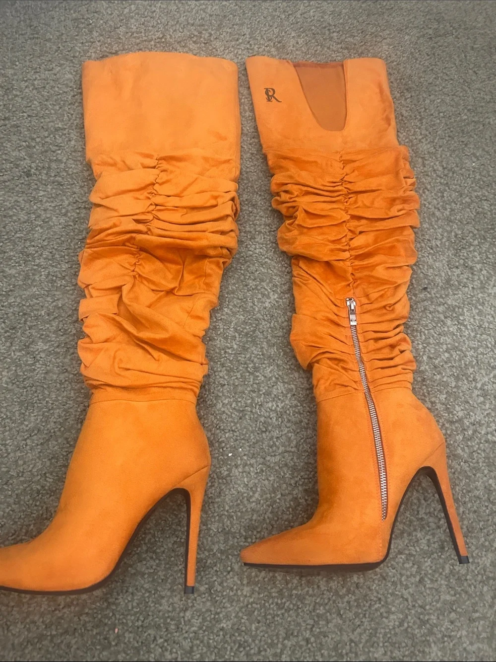 Ruched Over-the-Knee High-Heel Boots in Orange